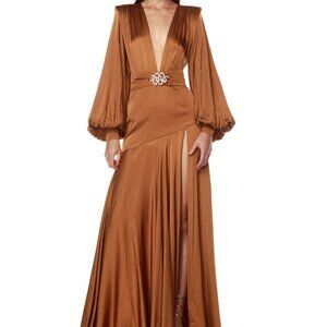 Bronx and Banco Carmen Copper Maxi Dress long sleeve bronze rust bell sleeve
